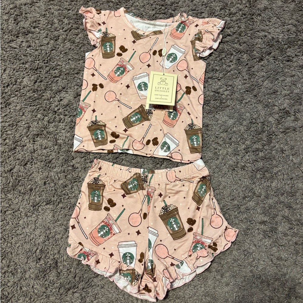 Adorable Kids Coffee Print Pajama Set in Pink and Brown